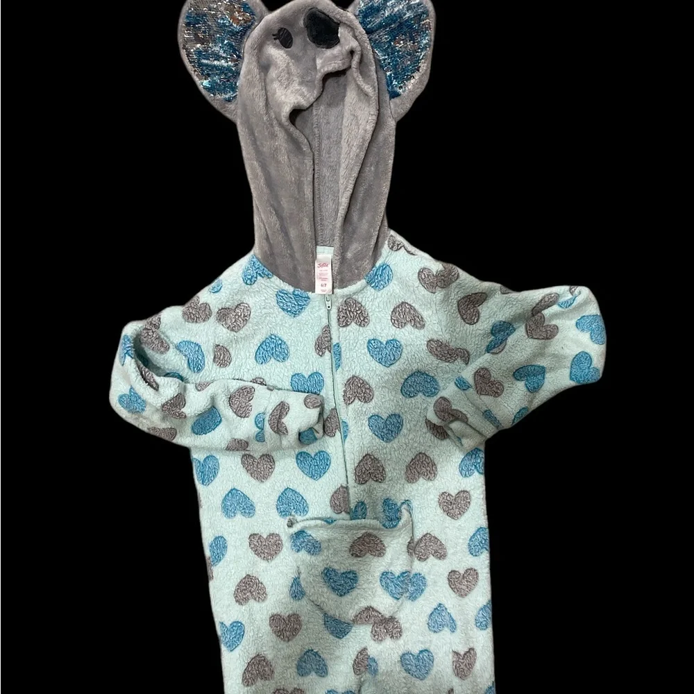 Justice onesie blue koala zip hooded fleece soft pajamas pjs hearts sequins 6 7